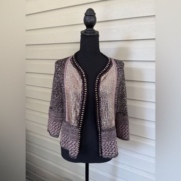 CHICO’S Black & Gold Metallic Sequin Shawnee open Cardigan Sweater Sz 0 EUC - Picture 4 of 14